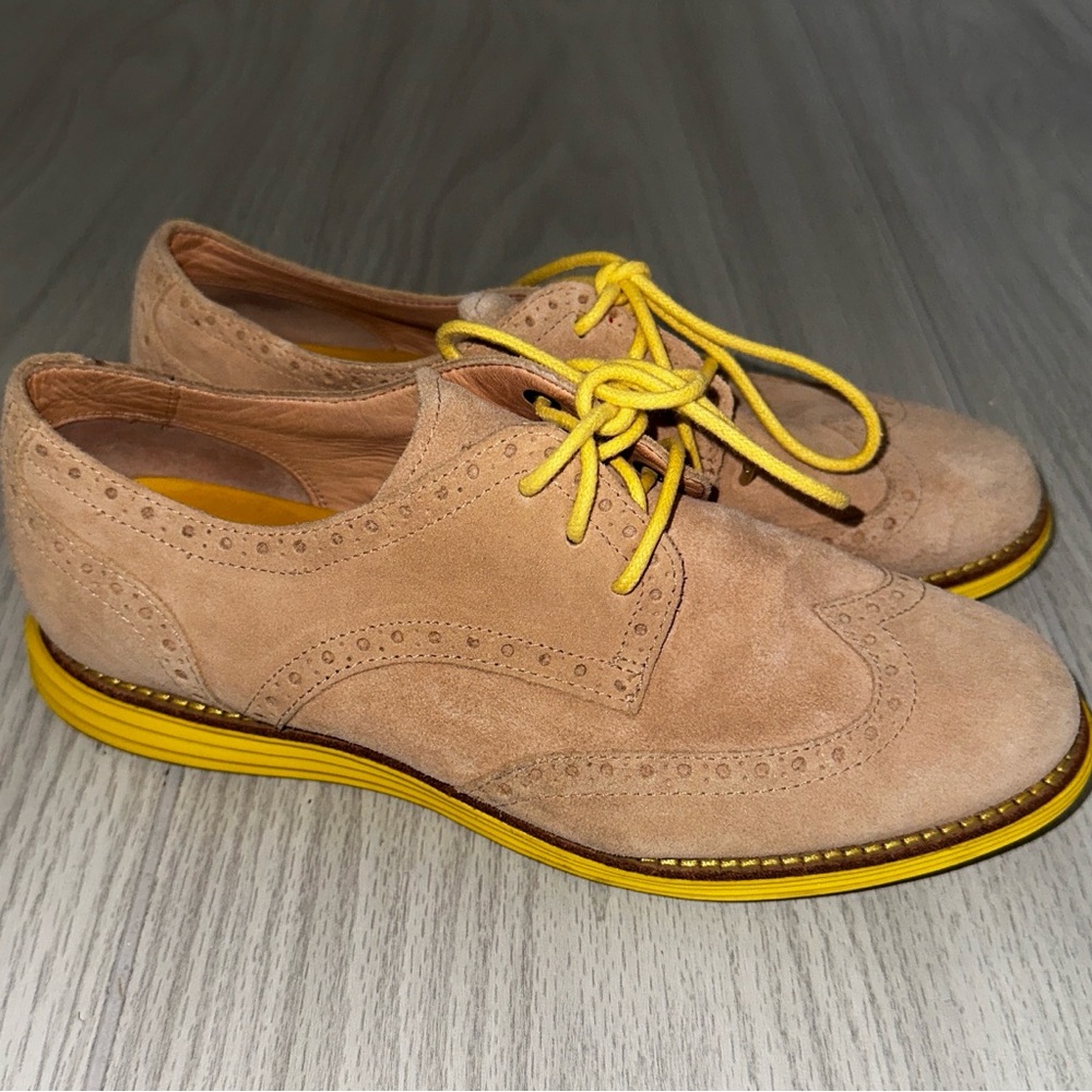 Cole Haan Tan Suede Wingtip Oxfords with Yellow Accents